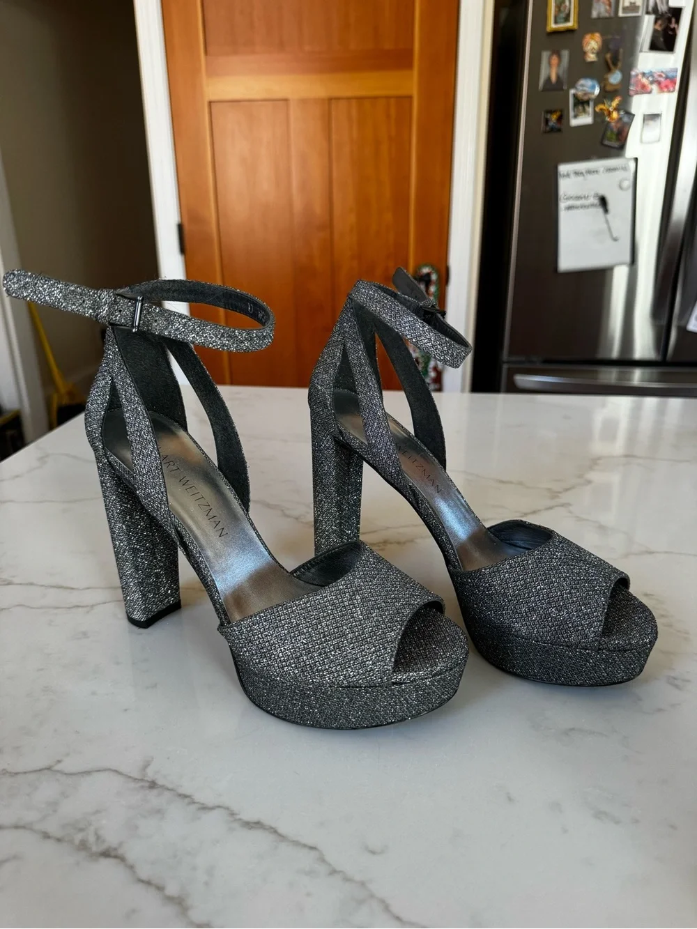 Stuart Weitzman Gunmetal Glitter Platform Ankle-Strap Heels